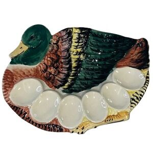 Vintage Italian Ceramic Mallard Duck Deviled Egg Platter Hand Painted Italy